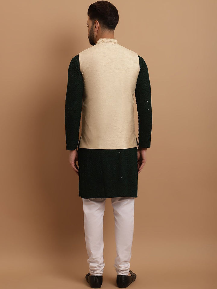 SOJANYA Ethnic Embroidered Sequinned Pure Cotton Kurta & Churidar With Nehru Jacket