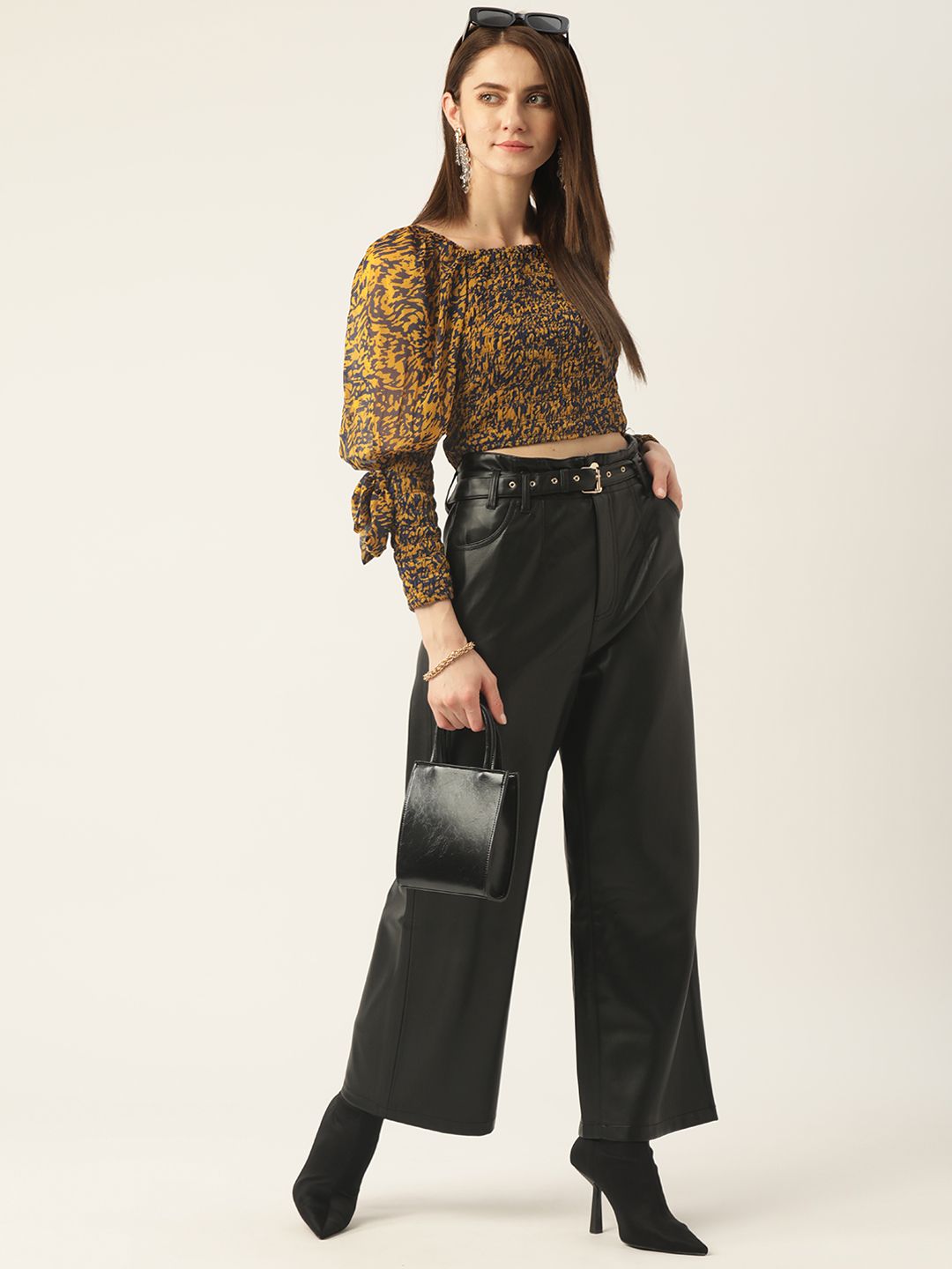 Antheaa Women Navy Blue & Mustard Yellow Abstract Print Bishop Sleeves Smocked Crop Top
