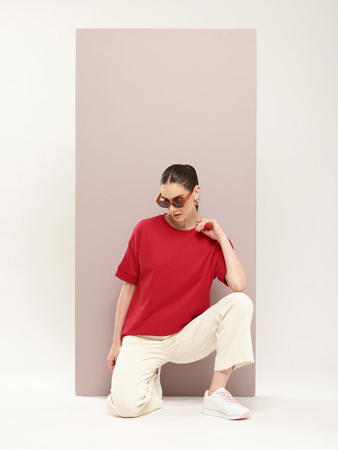DILLINGER Women Oversized Drop Shoulder Ultra Soft Drapey Cotton Crew Neck T-Shirt