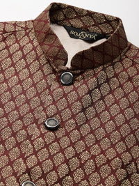 SOJANYA Lelaki Hijau Zaitun & Merah Karat Motif Etnik Jacquard Kurta Lurus dengan Churidar