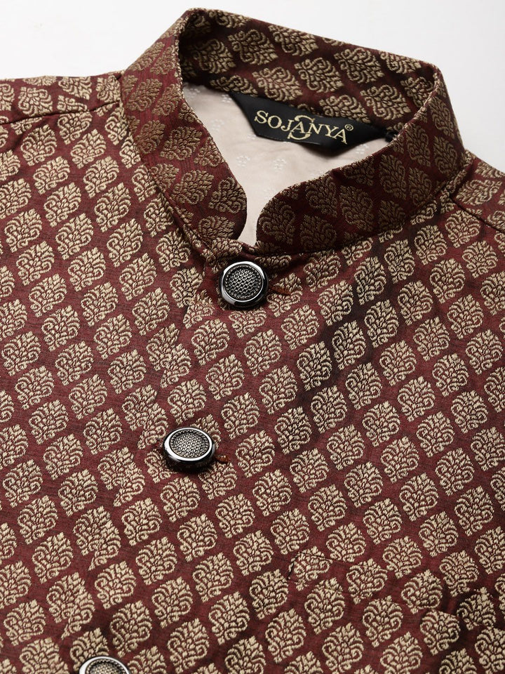 SOJANYA Men Olive Green & Rust Red Jacquard Ethnic Motifs Straight Kurta with Churidar
