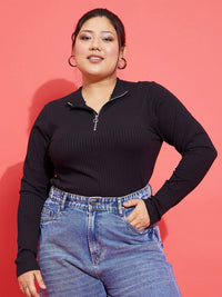 SASSAFRAS Curve Plus Size Black Knitted Rib Front Zipper Fitted Top