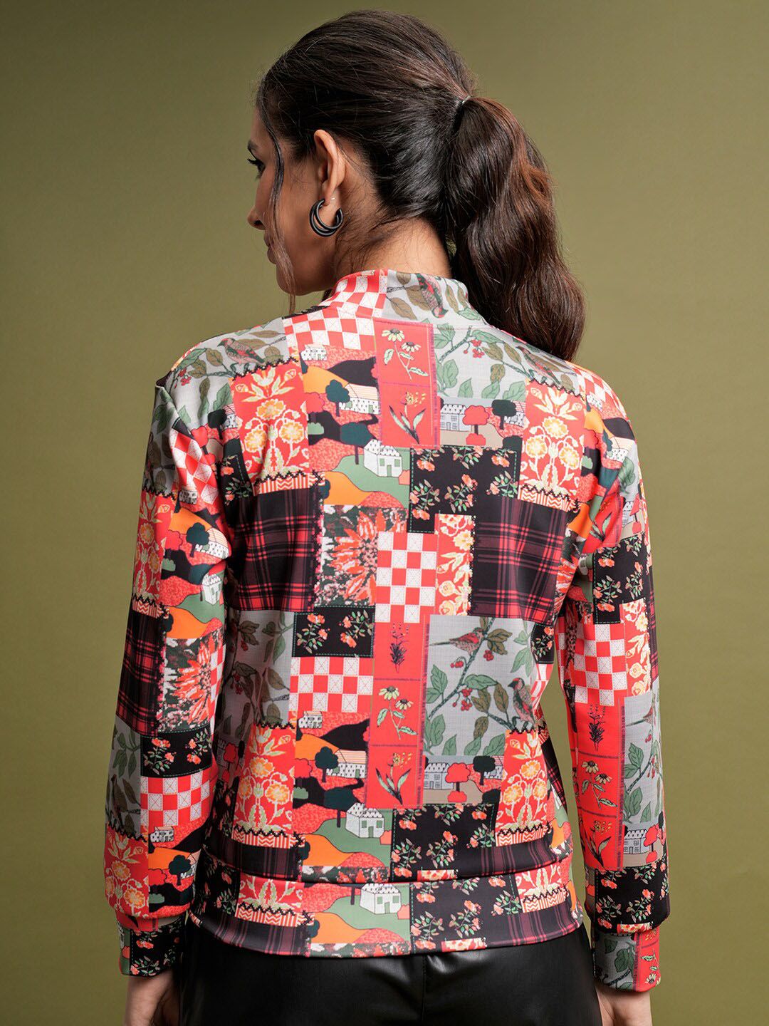 Tokyo Talkies Red Floral Printed Stand Collar Bomber Jacket With Zip Detail