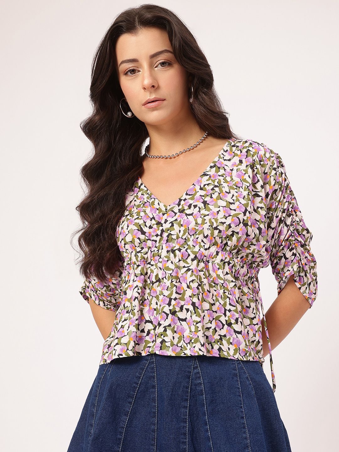 DressBerry Floral Mania Ruched Sleeves Cinched Waist Top