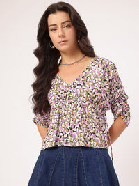 DressBerry Floral Mania Ruched Sleeves Cinched Waist Top