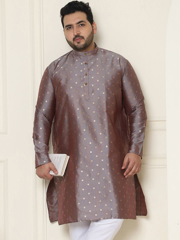SOJANYA PLUS Lelaki Plus Size Taupe & Golden Geometric Jacquard Kurta