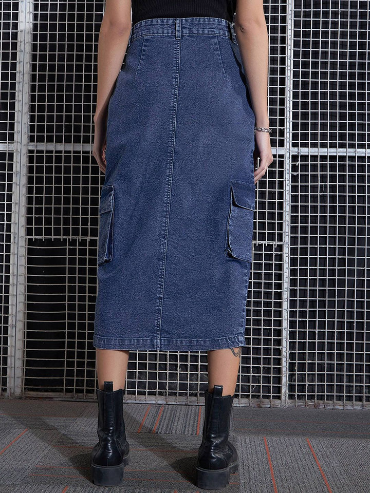 SASSAFRAS Blue Washed Cargo Pencil Midi Denim Skirt
