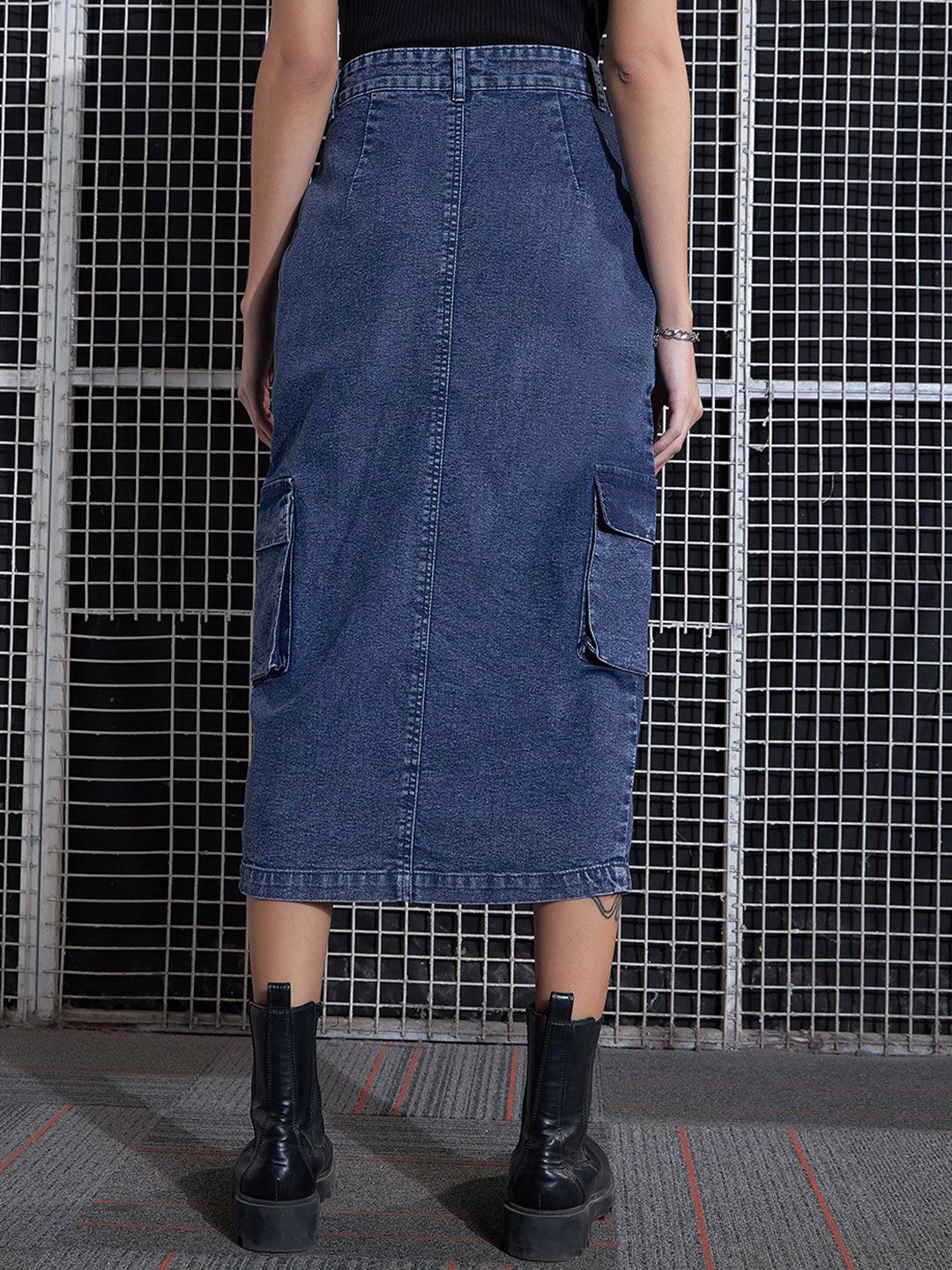 SASSAFRAS Blue Washed Cargo Pencil Midi Denim Skirt