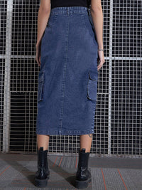 SASSAFRAS Blue Washed Cargo Pencil Midi Denim Skirt