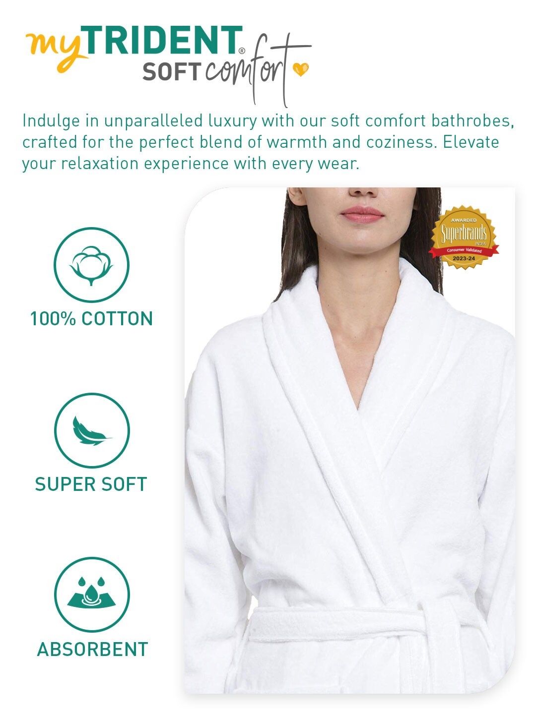 MYTRIDENT Women White Pure Cotton Bath Robe With 2 Front Pockets