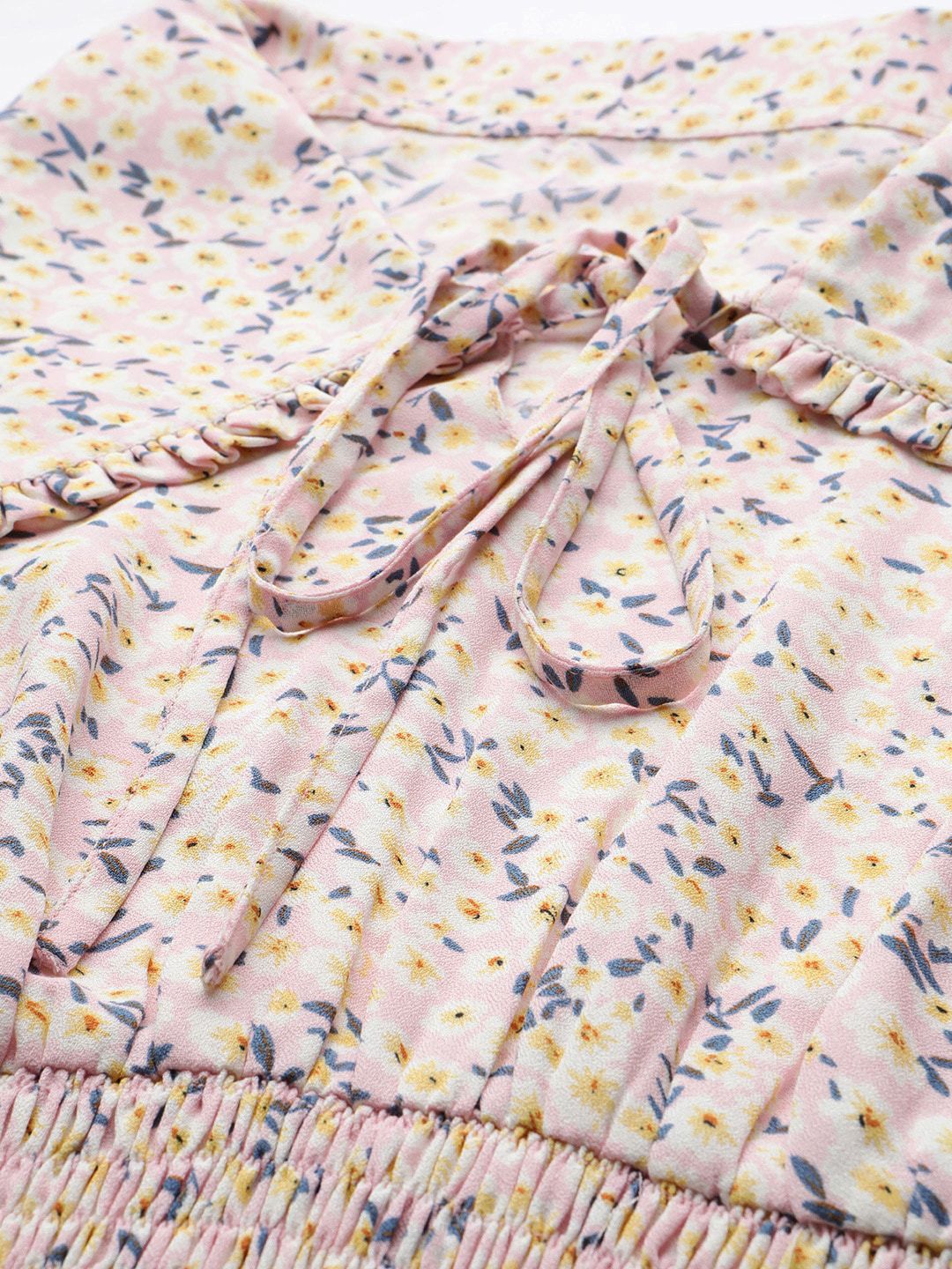 STREET 9 Women Pink Floral Tie-Up Neck Cinched Waist Crop Top