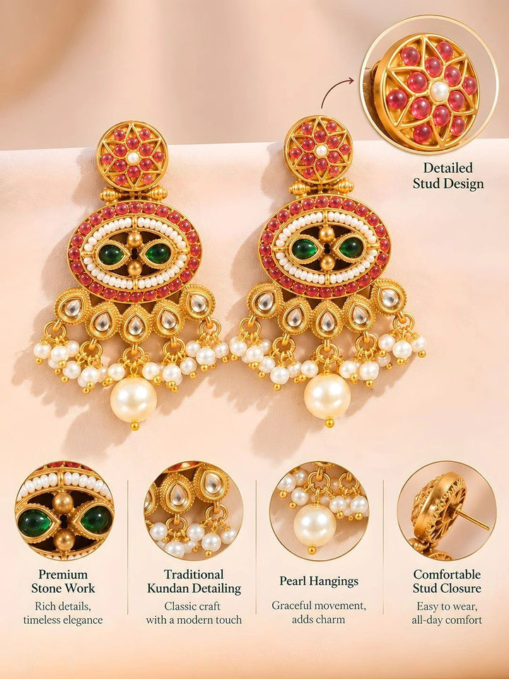Gold-Toned Multi-Coloured Kundan Beaded Pearl Drop Earrings