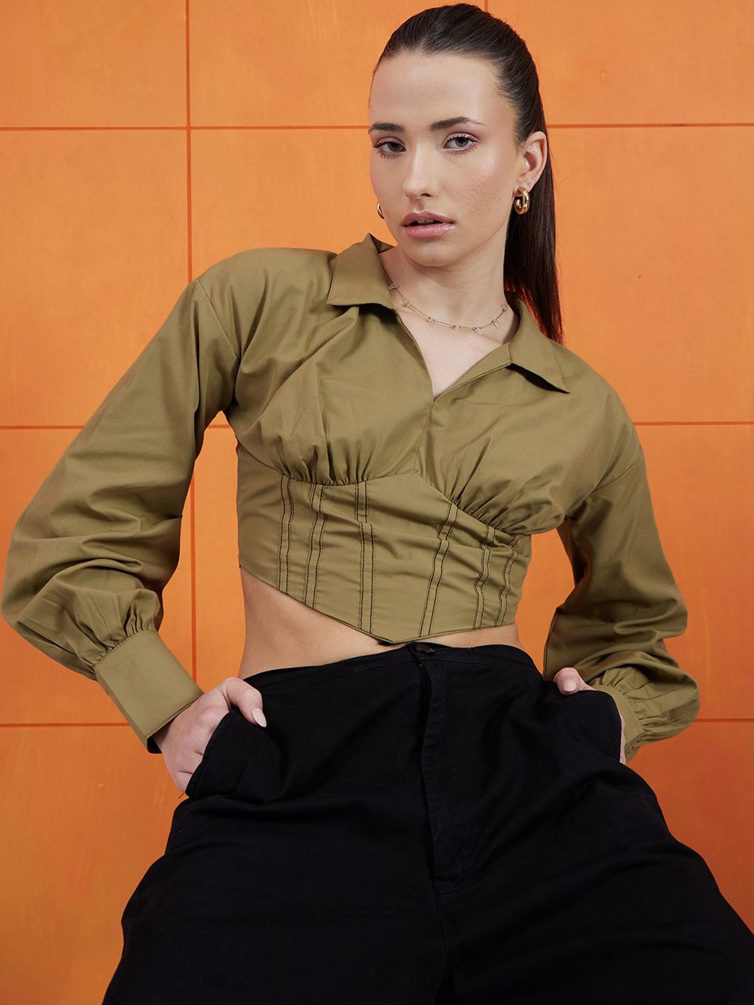 STREET 9 Green Shirt Collar Cuffed Sleeves Pure Cotton Crop Empire Top