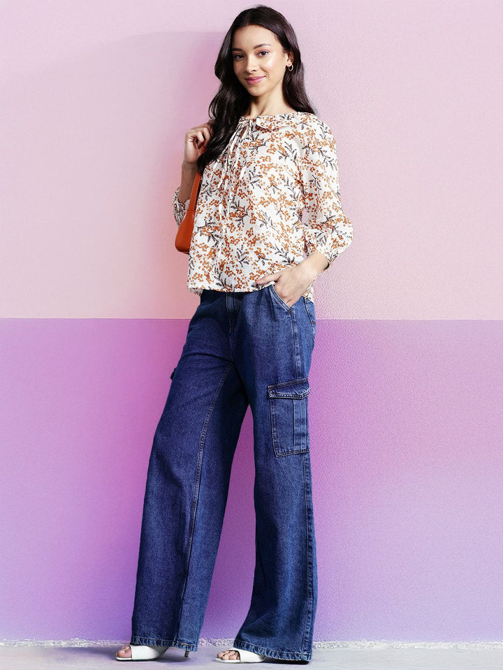 DressBerry Floral Print Tie-Up Neck Cotton Top