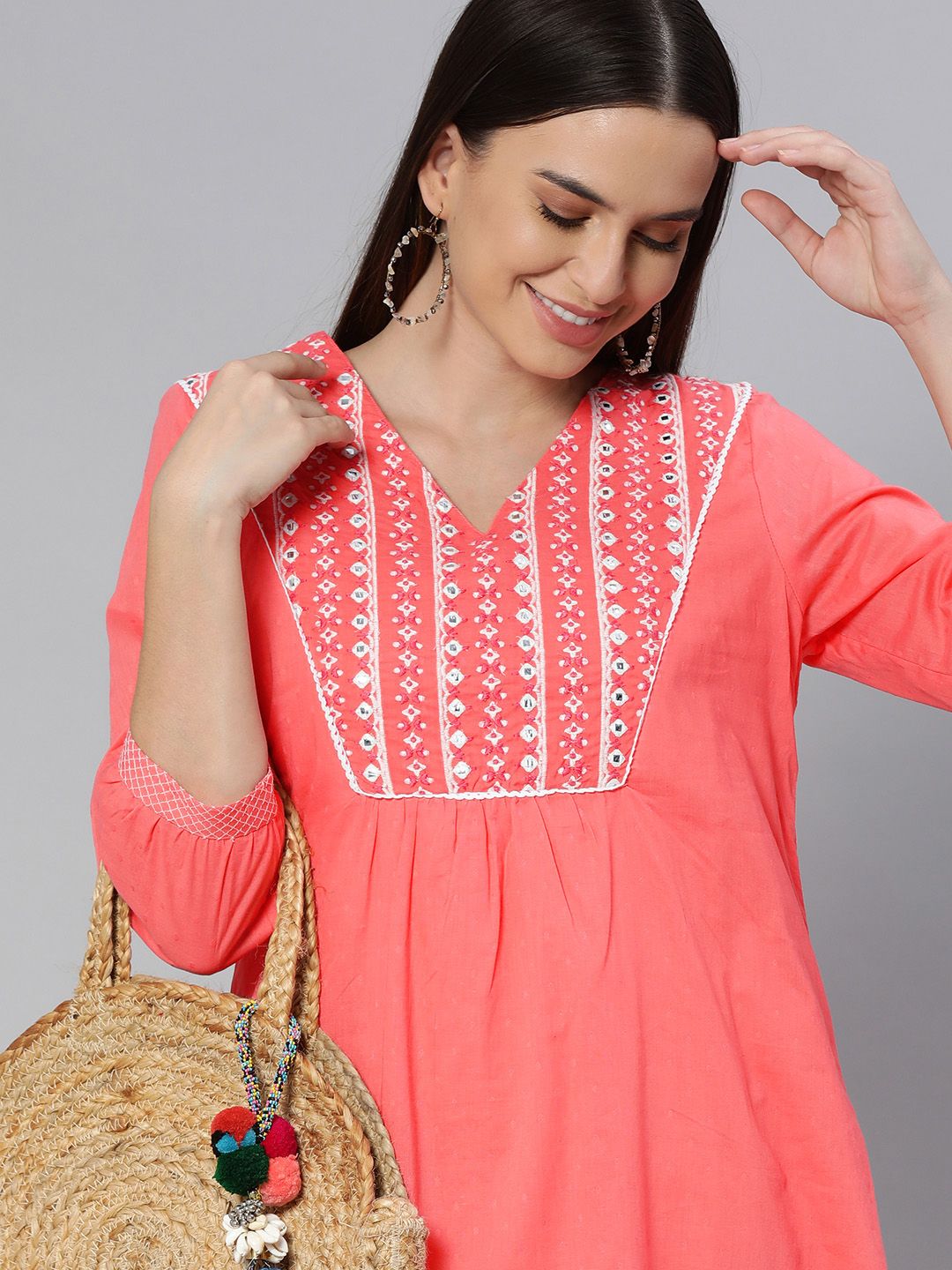 Global Desi Women Coral Pink & White Embroidered A-Line Dress