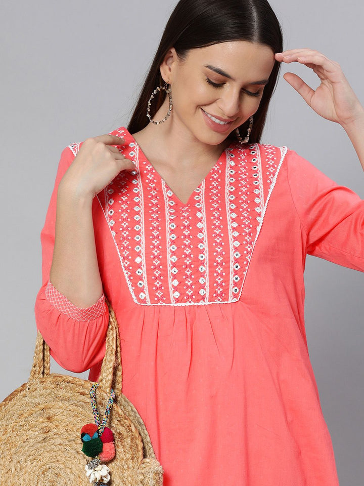 Global Desi Women Coral Pink & White Embroidered A-Line Dress