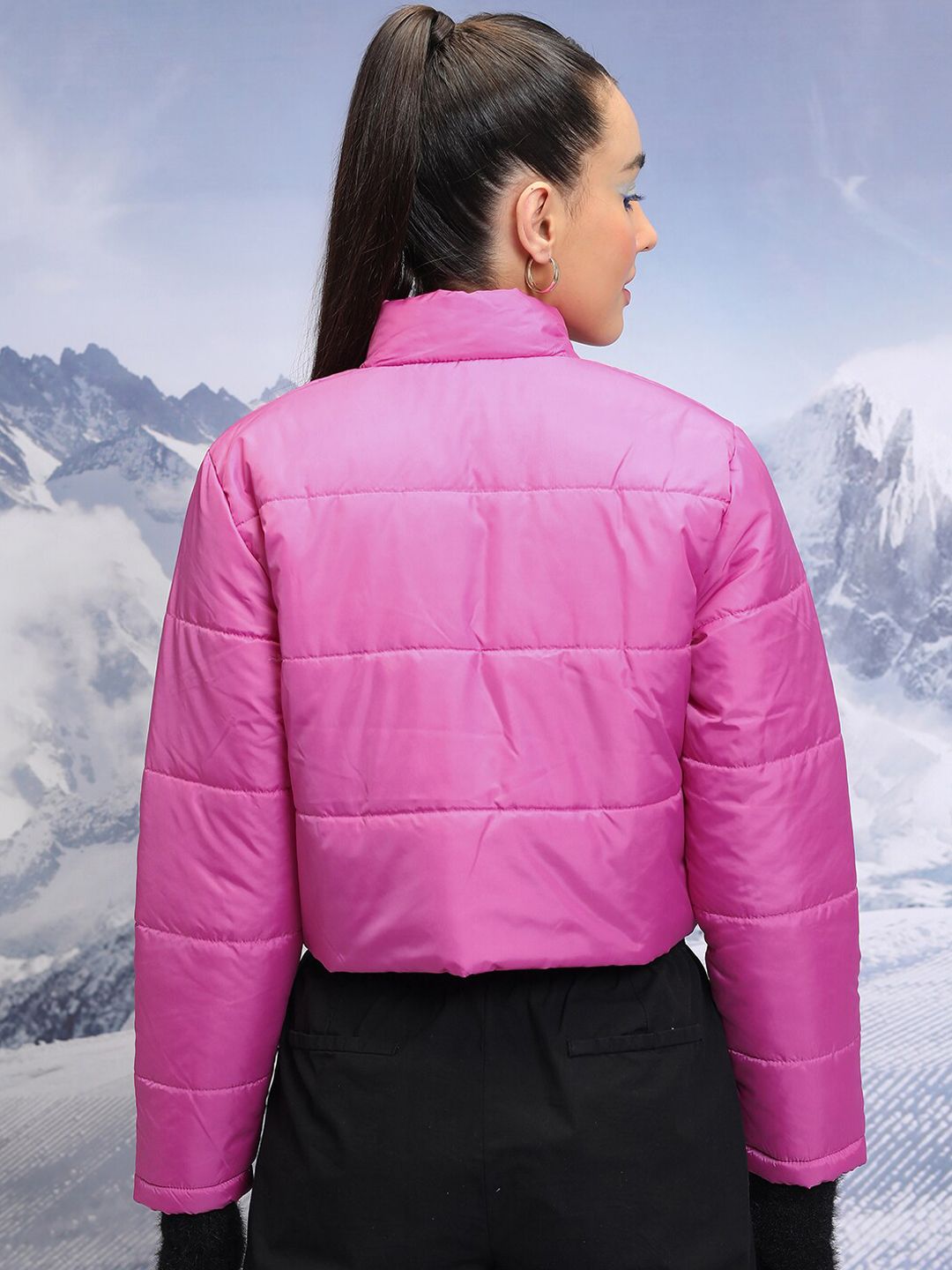 Tokyo Talkies Pink Mock Collar Crop Puffer Jacket