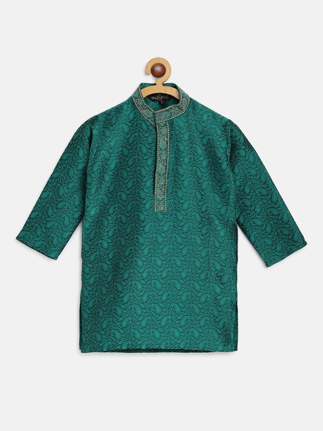 SOJANYA Boys Teal Green & Beige Woven Design Band Collar Thread Work Kurta