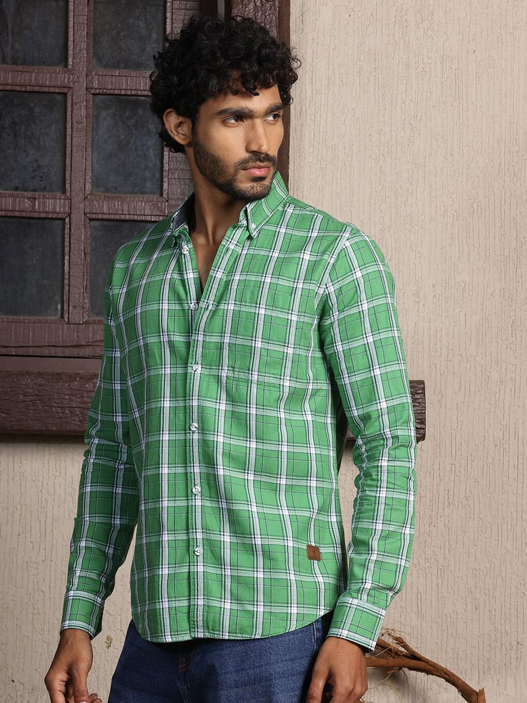 Thomas Scott Standard Slim Fit Tartan Checks Pure Cotton Casual Shirt