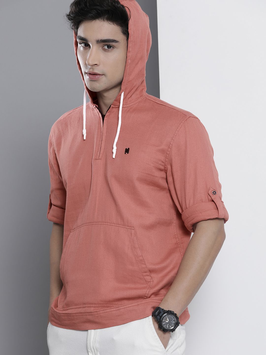 The Indian Garage Co Men Pink Solid Pure Cotton Hooded Sweatshirt-Style Shirt