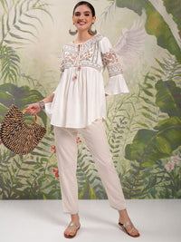 Vishudh White Floral Embroidered Tie-Up Neck Flared Sleeves Short A-Line Top