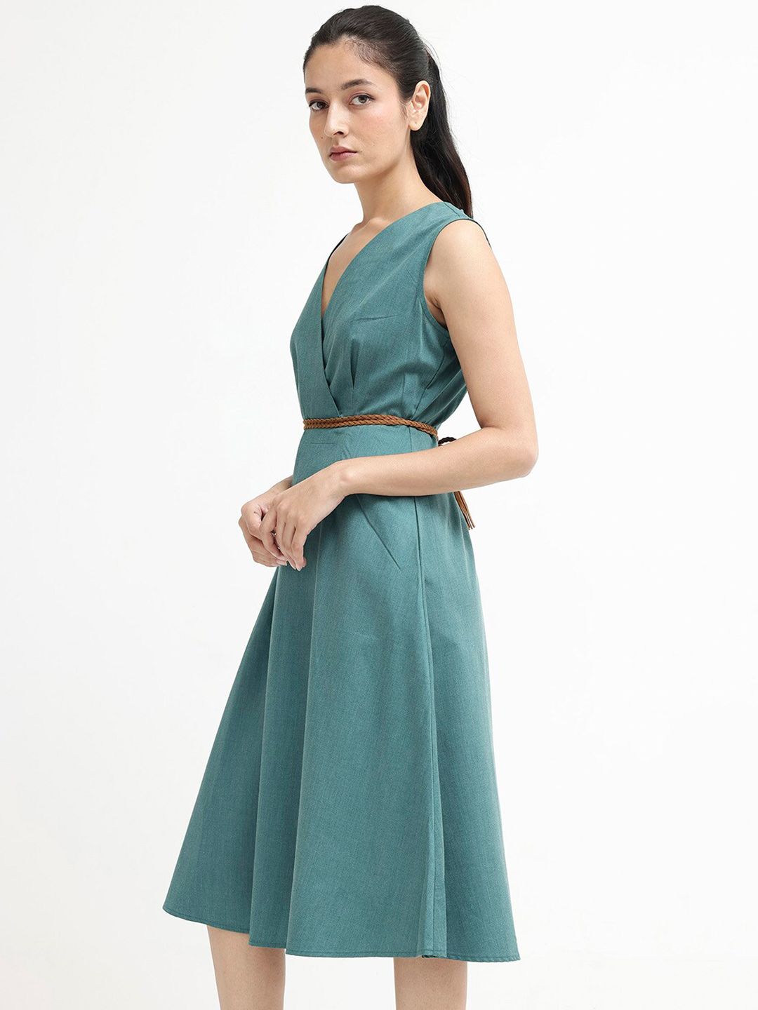 Rareism v-neck Cotton A-line midi Dress