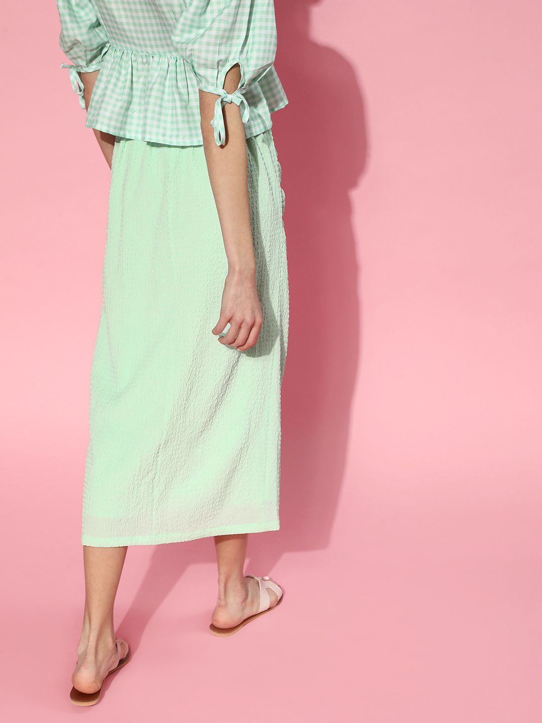 SASSAFRAS Women Green Solid Side Slit Midi Skirt