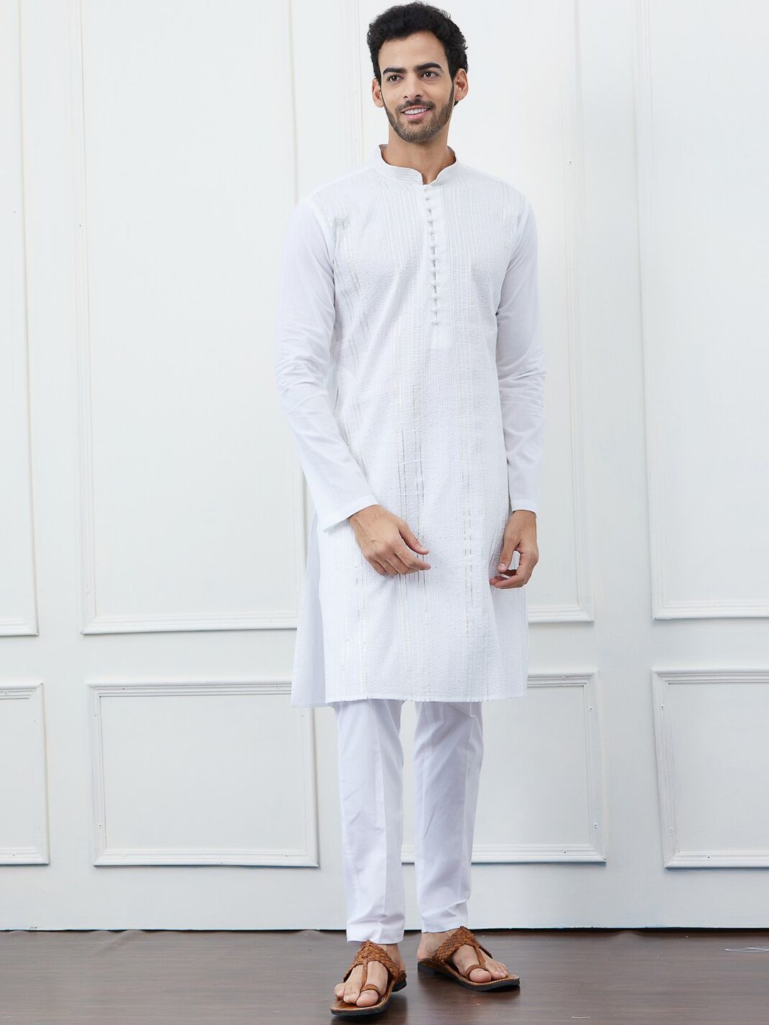See Designs Striped Mandarin Collar Gotta Patti Cotton Kurta