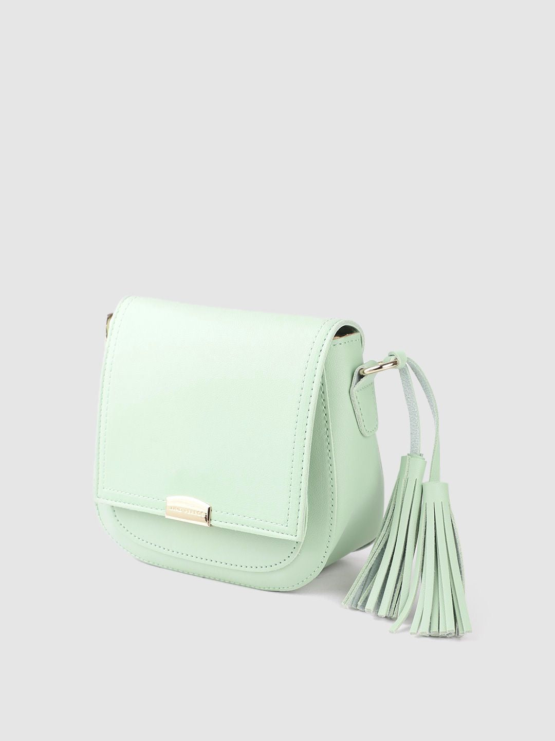 Lino Perros Women Green Solid Sling Bag with Tasselled Detail