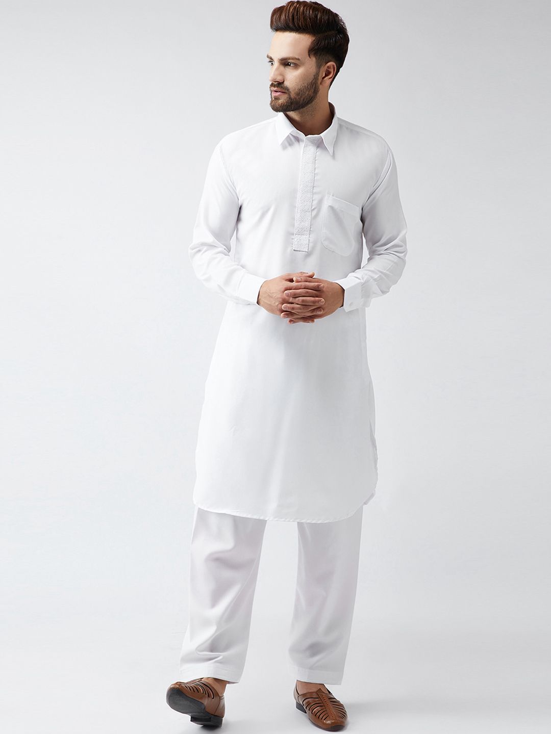 SOJANYA Men White & White Solid Kurta with Salwar