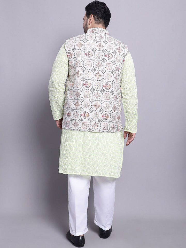 Kurta Kapas Tulen Bersulam SOJANYA PLUS Dengan Piyama & Jaket Nehru Bercetak