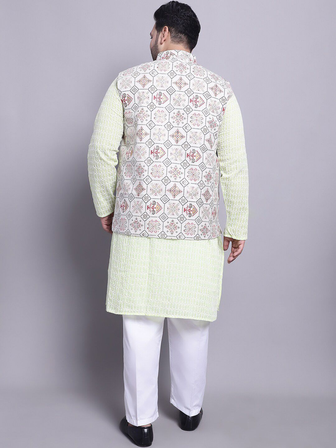 Kurta Kapas Tulen Bersulam SOJANYA PLUS Dengan Piyama & Jaket Nehru Bercetak