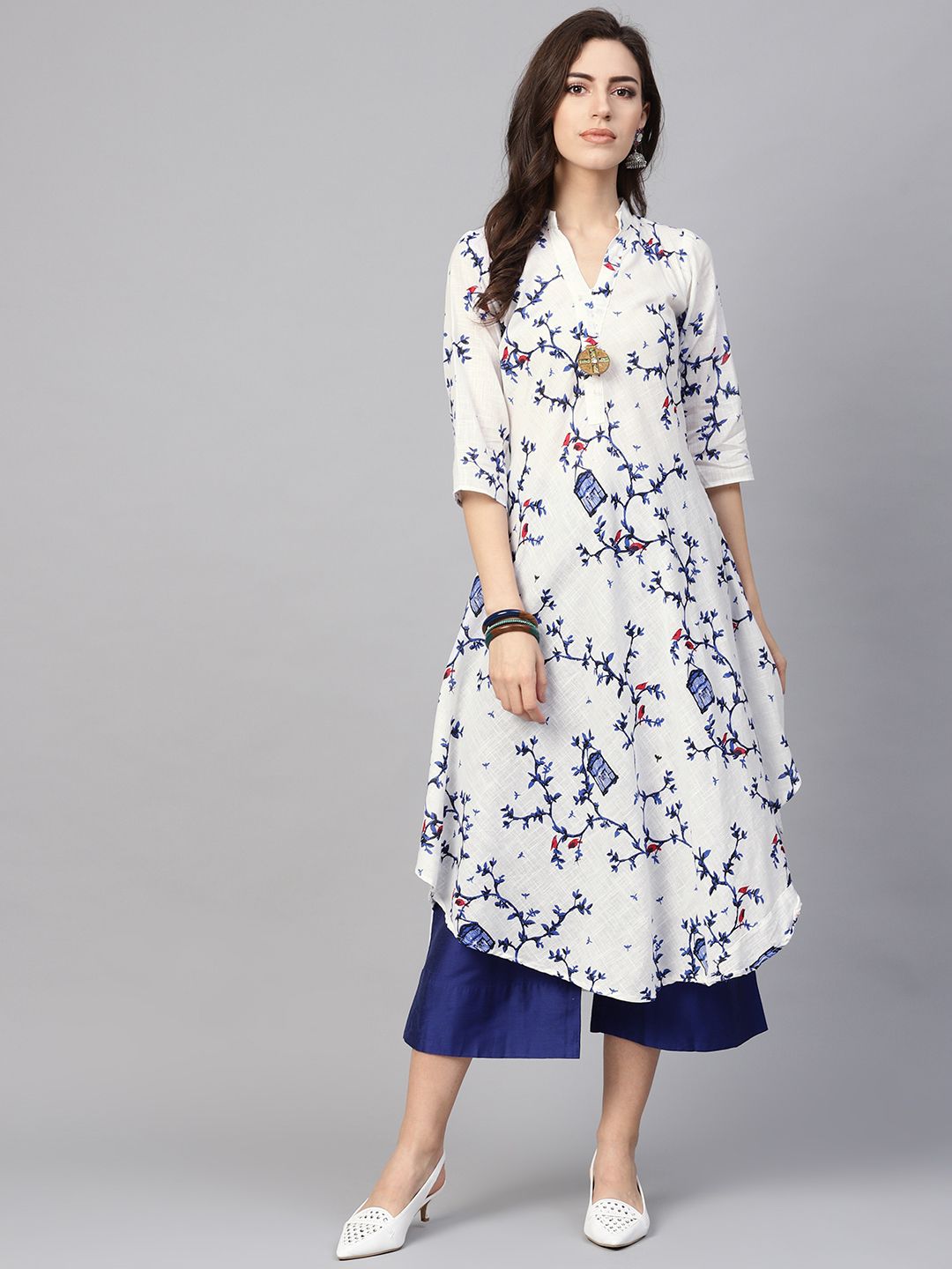 SOJANYA Kurta A-Line Bercetak Putih & Biru Wanita