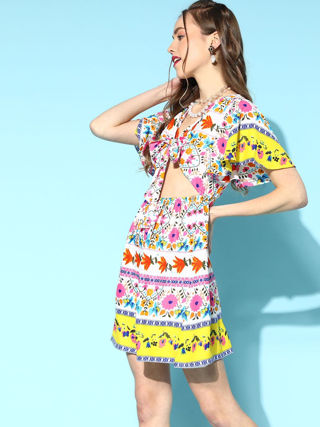Berrylush White & Pink Floral Print Crepe A-Line Dress