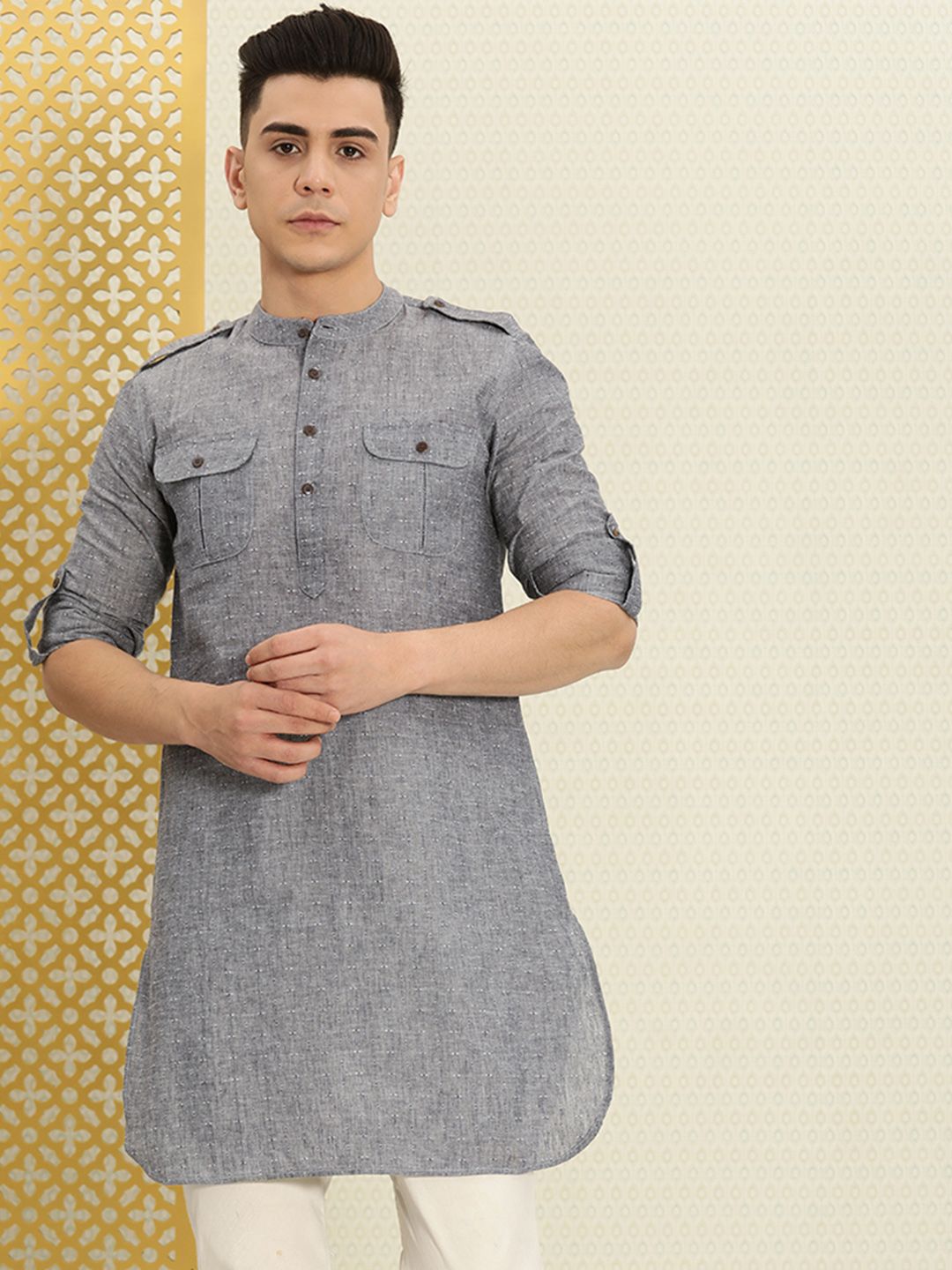 House of Pataudi Men Grey Solid Roll Up Sleeved Pathani Kurta