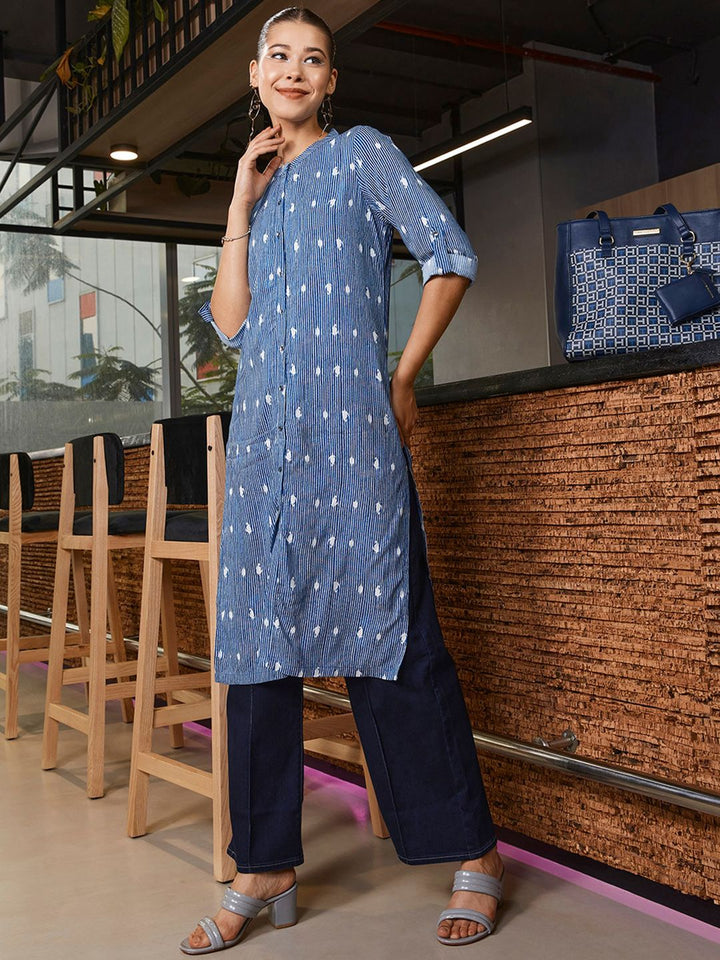 W Women Navy Blue & White Striped Straight Sustainable Kurta