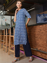 W Women Navy Blue & White Striped Straight Sustainable Kurta