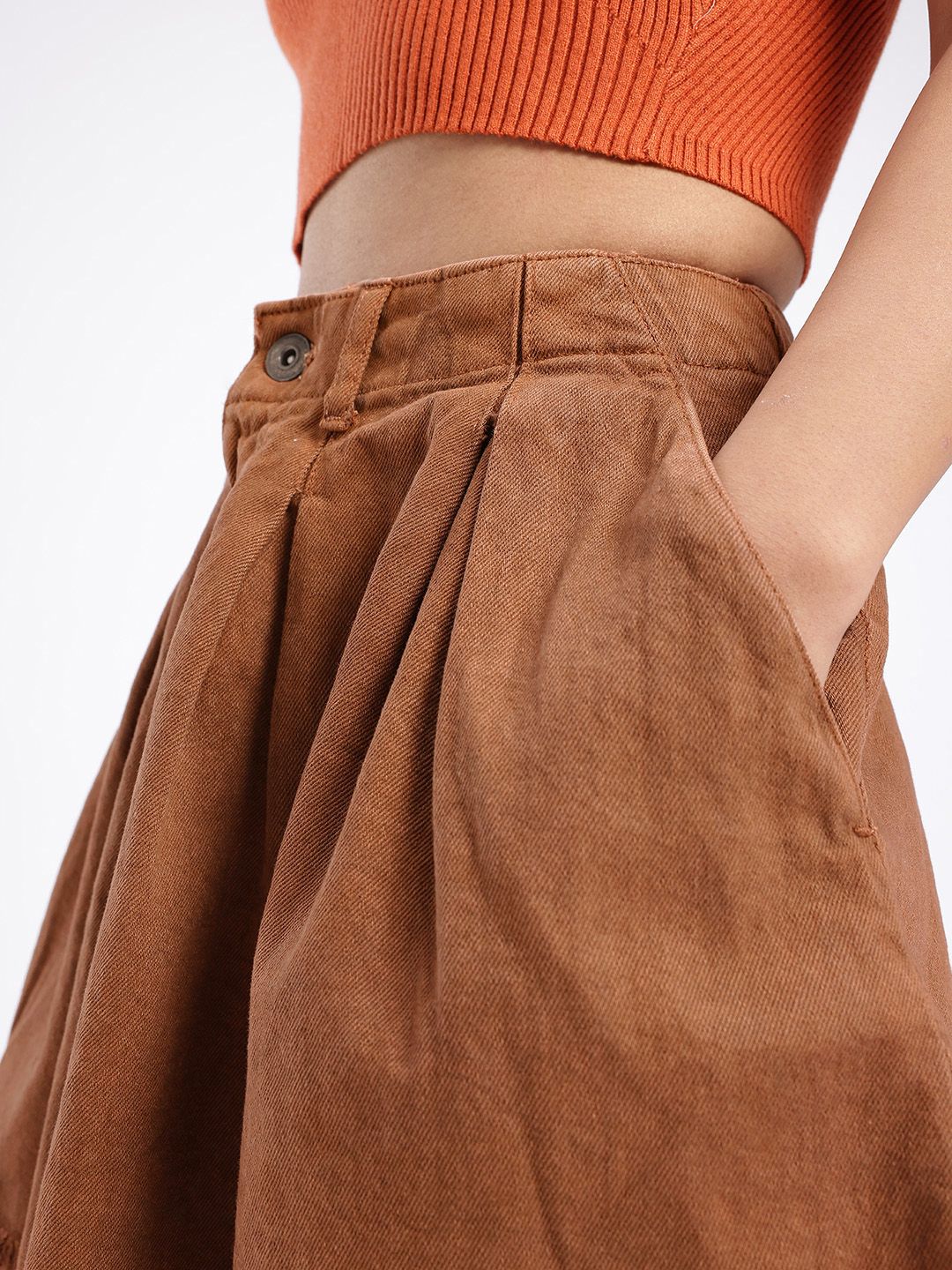 DressBerry Women Modern Chic Flared Frayed Hem A-line Pleated Denim Skirt