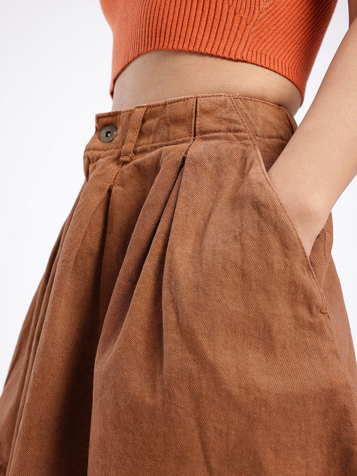 DressBerry Women Modern Chic Flared Frayed Hem A-line Pleated Denim Skirt