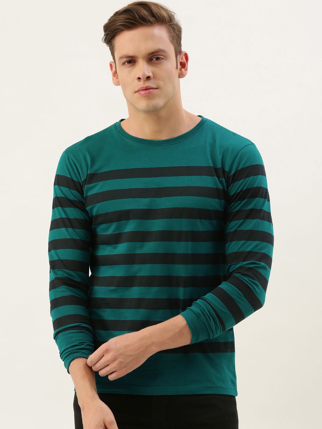 DILLINGER Men Teal Green  Black Striped Round Neck Pure Cotton T-shirt
