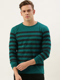 DILLINGER Men Teal Green  Black Striped Round Neck Pure Cotton T-shirt