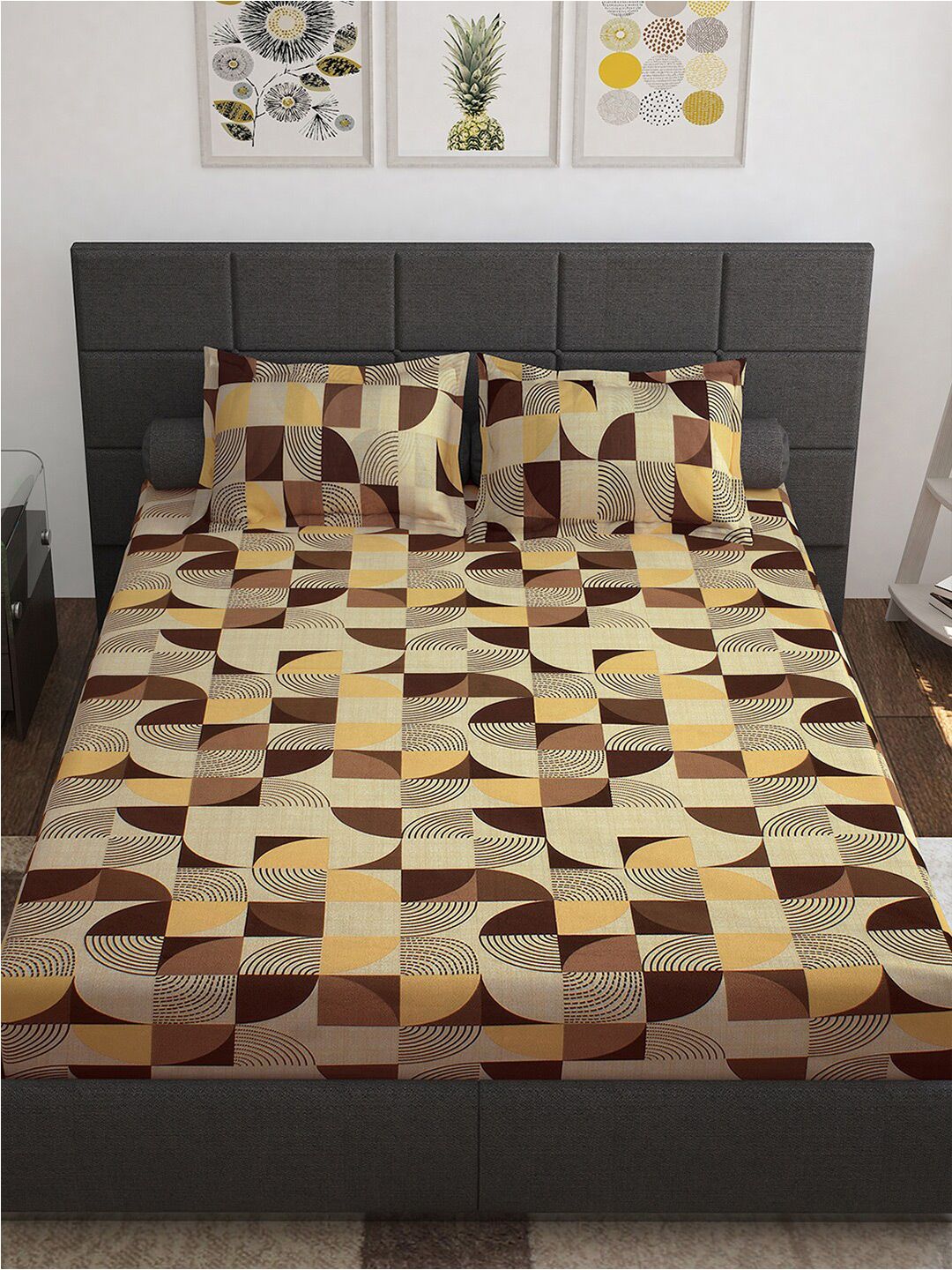 Story@home Brown Yellow Geometric Cotton 144 TC Queen Bedsheet With 2 Pillow Covers