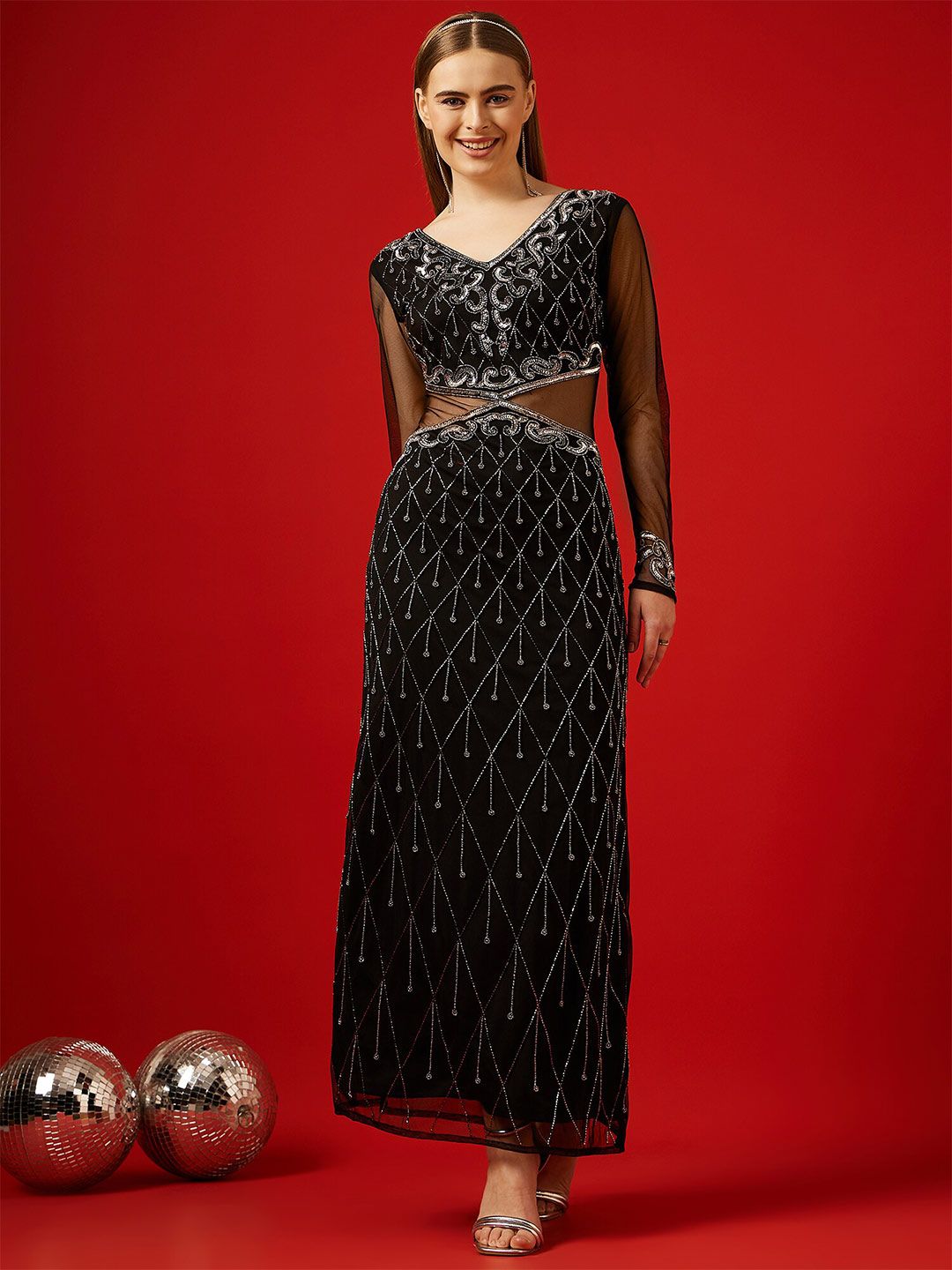 STREET 9 Black Embellished Net Maxi Dress