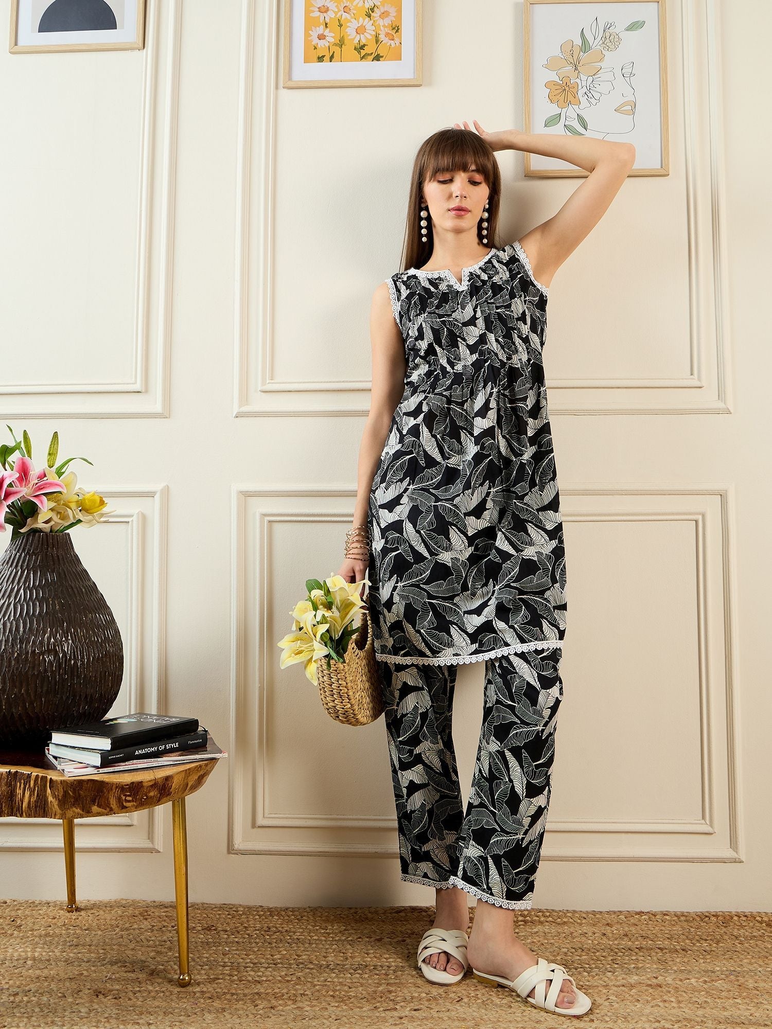 Indo Era Floral Printed Notch Neck Pure Cotton A-Line Kurta With Trouser