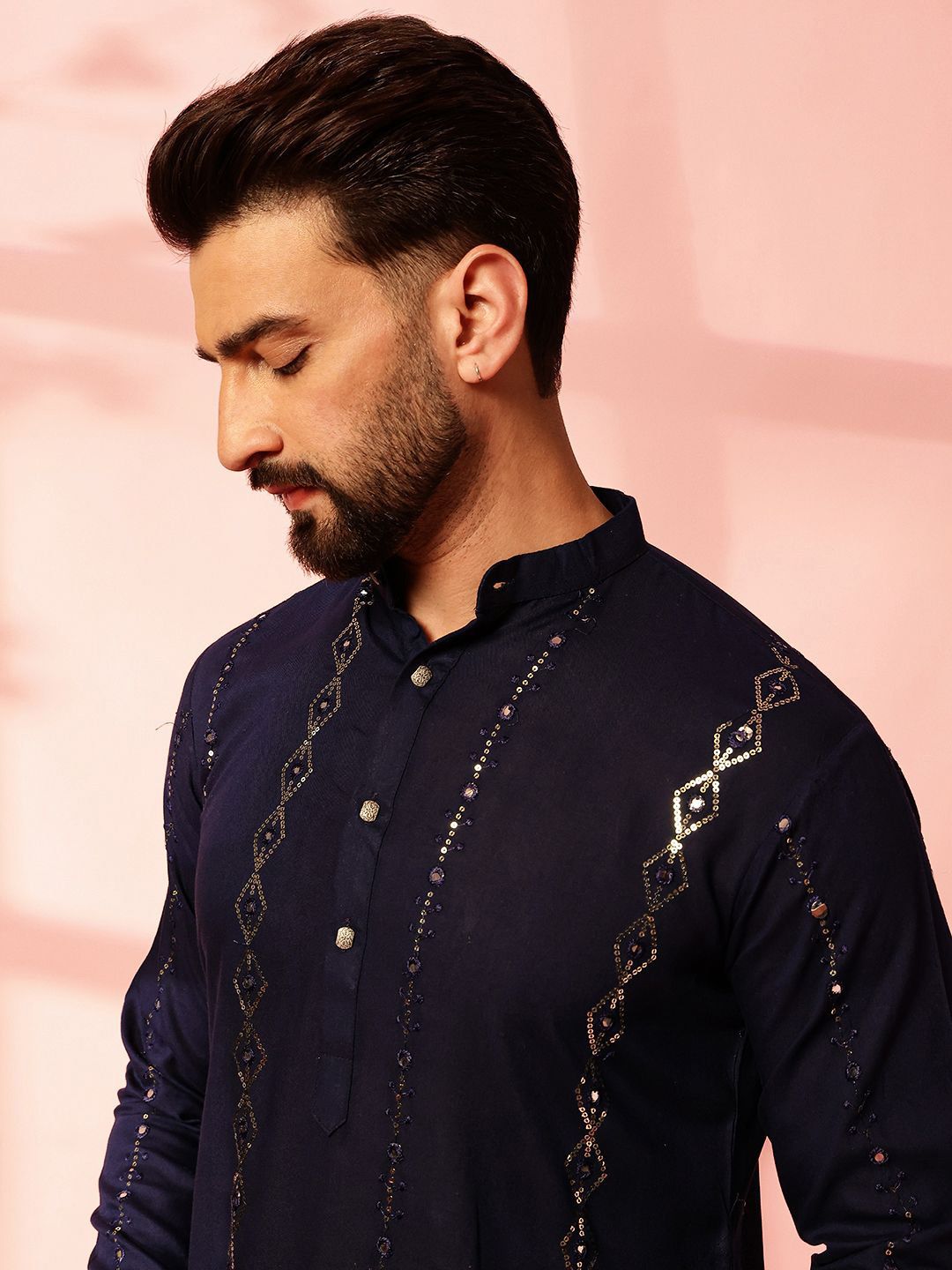 Anouk Striped Embroidered Mandarin Collar Sequinned Cotton Straight Kurta