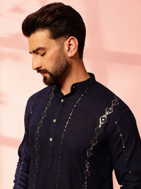 Anouk Striped Embroidered Mandarin Collar Sequinned Cotton Straight Kurta