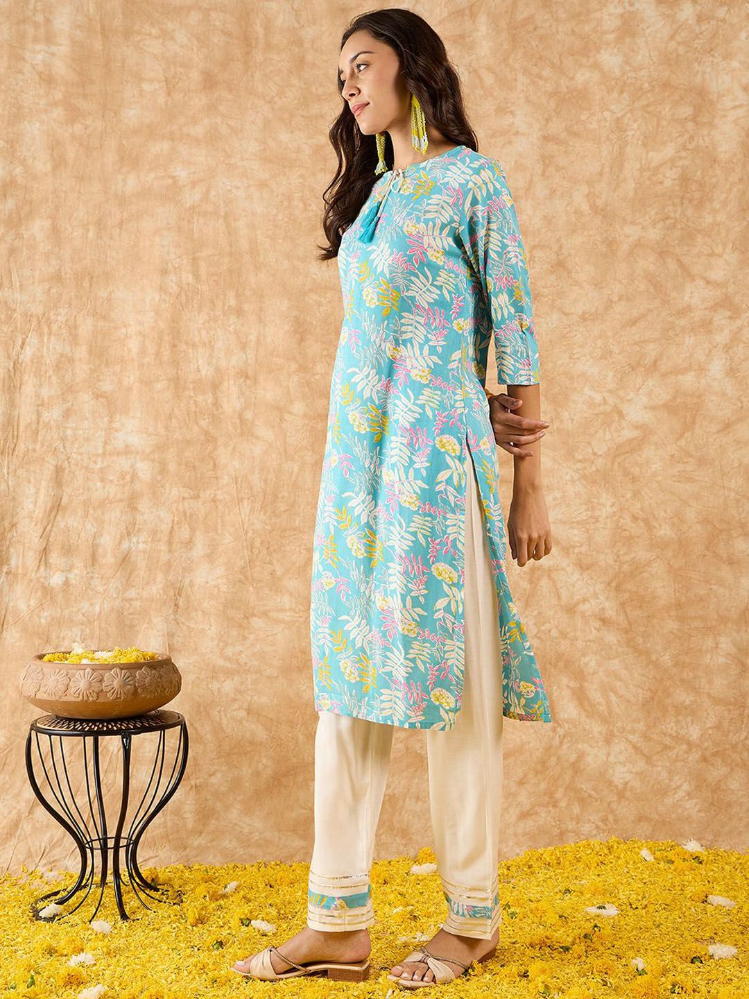Indo Era Floral Printed Straight Kurta with Trousers