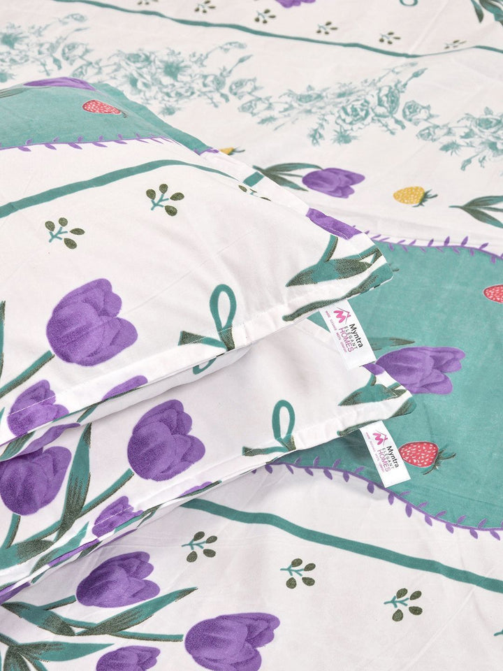 Myntra Elegant Homes Green Floral Polycotton 300 TC King Fine Bedsheet dengan 2 Sarung Bantal-98 x 89 inci