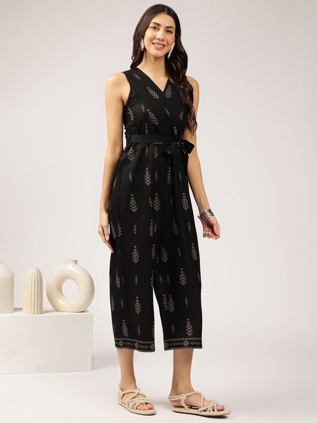 Anouk Ethnic Motifs Printed Sleeveless Waist Tie-Ups Culotte Jumpsuit