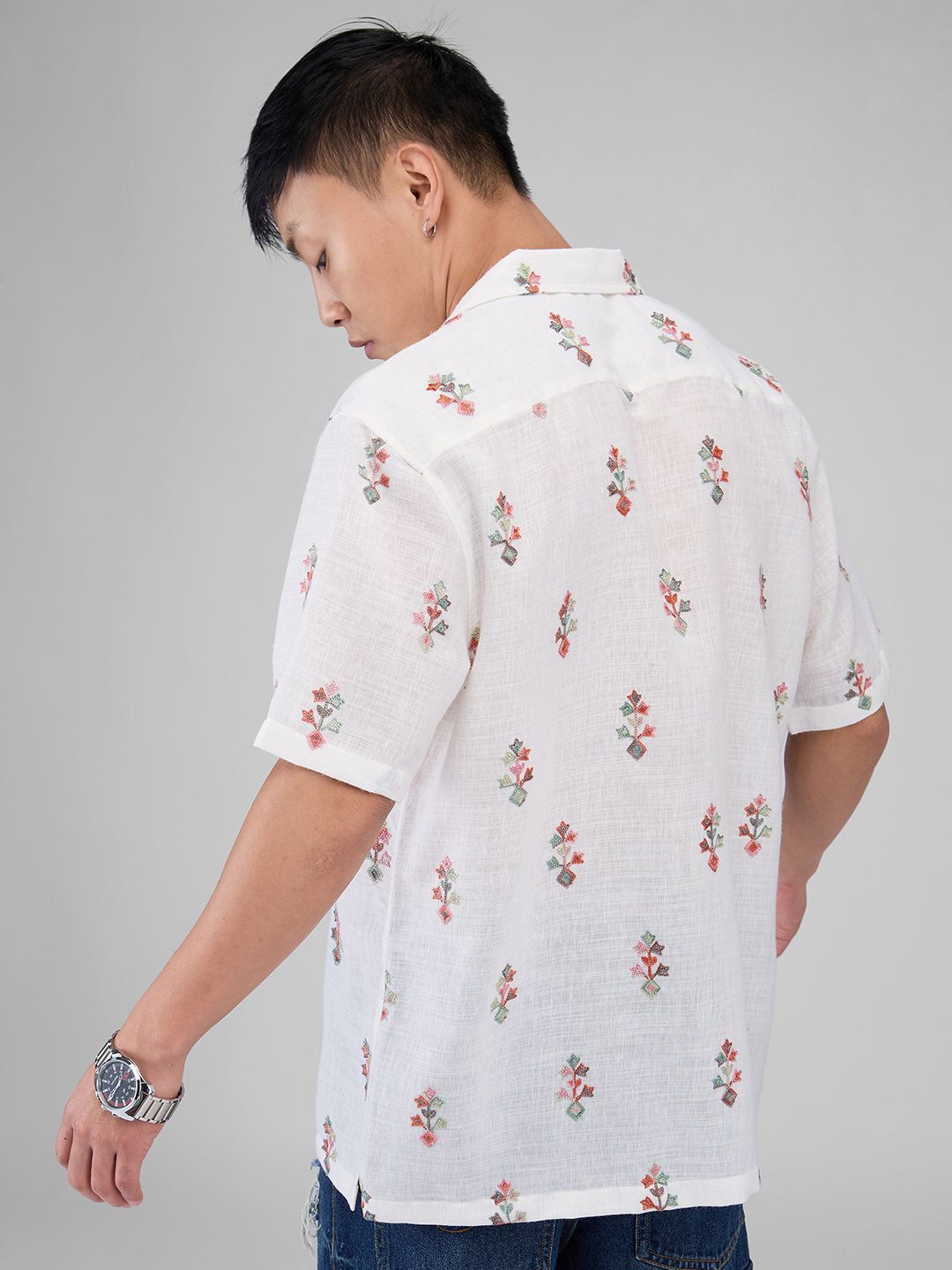 VASTRADO Men White Embroidered Notch Collar Oversized Shirt